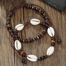 2pcs Men's Summer Holiday Natural Coconut Shell Wood Bead Shell Beaded Adjustable Anklet, Suitable For Vacation, Father's Gift Or Couples Gift
