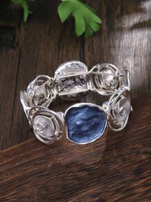 Cring Coco Elegant Vintage Rose Series Women's Zinc Alloy Elastic Bracelet - Bohemian Blue & White Rose Hollow Design, Versatile For Daily Wear, Suitable As Anniversary/Unique Gift