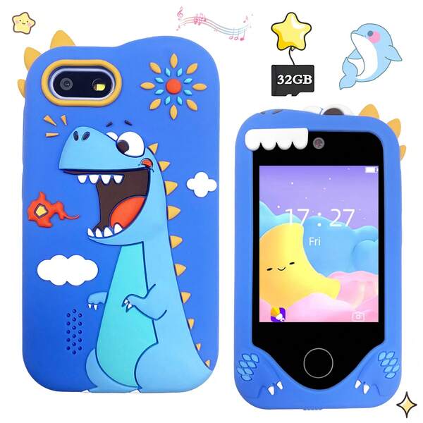 Celular infantil com tela sensível ao toque e jogos, 2,8 polegadas, câmera dupla e cartão de 32 GB, adesivos divertidos para fotos e gravação de vídeo em HD, presentes surpresa para meninos e meninas de 3 a 12 anos