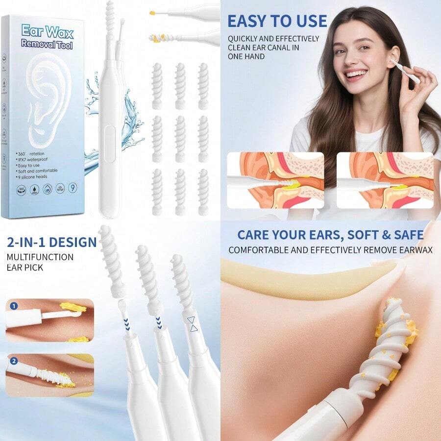 [JUN CAN]2025 Ear Wax Removal Tool Multifunctional Spiral Ear Cleaner Q Grips Earwax Cleaning Tool With 9 Repacement Tips Washable Ear Wax Removal Kit For Deep Cleaning Ear Picks - như hình ảnh - Xem 1