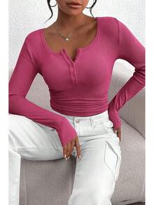 Women's 2025 Fall Long Sleeve Henley Shirts Button Ribbed Knit Casual Basic Tops Blouse - 玫紅色 - 查看 5