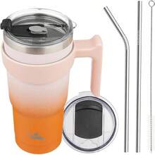 Konokyo - Vaso de 30 onzas con asa y 2 pajitas, 2 tapas, botella de agua aislada de acero inoxidable, de viaje, reutilizable, color claro - Coral - Ver 13