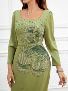 JINLICX Elegant Long Sleeve Square Neck Formal Dress, Suitable For Evening Gala, Party, Wedding - Green - View 6