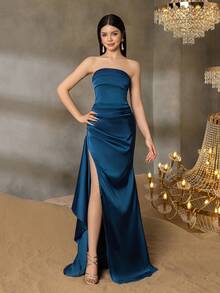 Alisa&Leo 少女缎面露肩毕业礼服，搭配不对称美人鱼裙 - 荷叶边褶皱、侧开衩，适合学校活动、庆典和青春正装 - 藏蓝色 - 查看 1