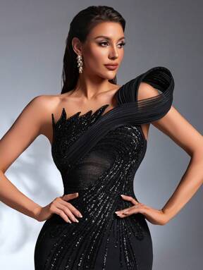 IBTRLY Robe de soirée élégante en tissu stretch noir avec appliqué de perles et de sequins, fente, pour soirée de gala, Nouvel An (très ornée) (taille grande, les clients sont invités à vérifier le tableau des tailles)