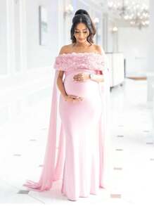 JustVH Maternity Floral Off-Shoulder Dress For Baby Shower, Mesh Cloak Maxi Women Outfit Photoshoot Prop