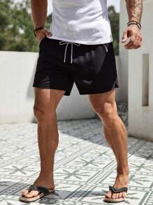 Pantalones cortos de verano casuales de unicolor con cordón en la cintura para hombres