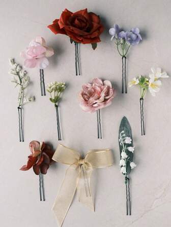 10pcs Woodland Fairy Style Artificial Flower & Leaf Hair Clips, Suitable For Garden Weddings, Outdoor Activities, Photography, Parties And More
