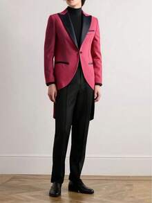 男士优雅撞色尖领燕尾服西装外套，适合派对穿着