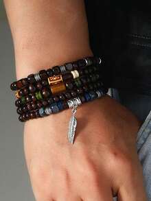 4/5 件/套复古波西米亚男士手链可调节木珠手链波西米亚堆叠套装节日羽毛叶饰物珠宝，多层手链套装，圣诞节新年情人节节日派对礼物，适合男女 - 彩色 - 查看 4