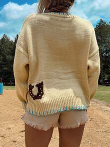 Women Horse Knit Sweater Y2k Graphic Cute Sweater Tops Long Sleeve Crewneck Oversized Sweatshirt Cute Preppy Chunky Jumper Knitwear Tops Streetwear - 黃色 - 查看 5