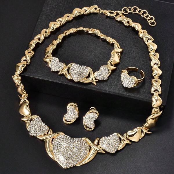 Set de 5 piezas de joyería elegante para mujer con elemento de corazón romántico - Collar, pulsera, anillo, aretes. Adecuado para sorprender en Ramadán, Día de San Valentín, Año Nuevo en Oriente Medio