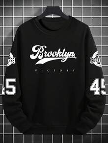 Men's "VICTORY" Graphic Print Crew Neck Pullover Sweatshirt, Streetwear Style, Autumn/Winter, Long Sleeve Top - Black - View 4