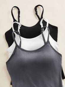 3PCS Pure Color Women's Spaghetti Strap Vest, No Steel Underwire, Double-Layer Design, Built-In Fixed Cup Insert, Adjustable Shoulder Straps, Soft And Delicate Fabric, Comfortable, Suitable For Indoor And Outdoor Use. Can Be Paired With Women's Undergarments As A Base Layer Vest.