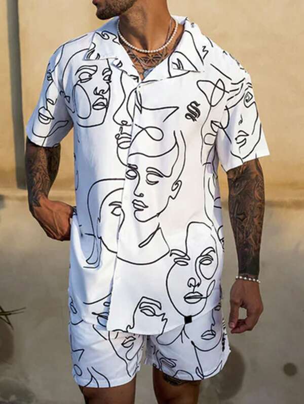 1 Set Men's Casual Graffiti Print Shirt & Shorts Suit, Summer