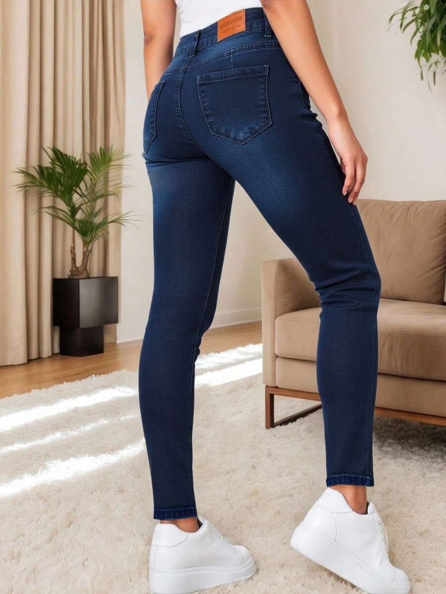 Pantalon jeans mezclilla dama mujer entubado entallado ceñido ajustado asiluetado apretado corte skinny denim lavado casual basico premium stretch algodón comodo fresco ligero versatil dia noche salida casa brunch primavera verano otoño frio calor calle urbano y2k aesthetic juvenil moderno - Azul lavado oscuro - Ver 1