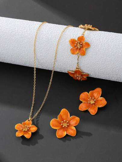 1pc Summer Vacation Vintage Vibe Handmade Dopamine Inspired Orange 5-Petal Flower Pendant Necklace, 1 Pair Earrings, 1pc Bracelet, Women Jewelry Set Can Be Freely Matched