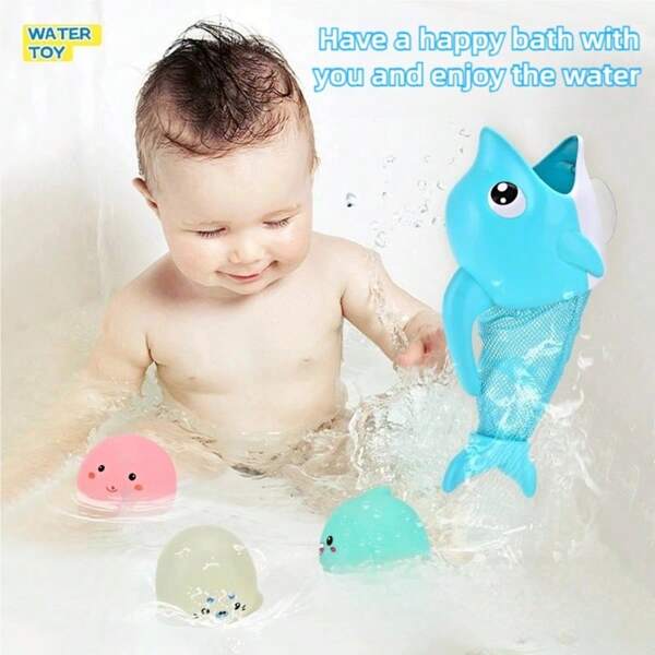 4pcs Baby Bath Fishing Toys, Toddler Fishing Net Toys With Dolphin, Seal. Soft Spraying Water Animals Bath Toys For Children, Water Play Spraying Bathroom Swimming Toys, Suitable For Babies Over 18 Months, Suitable For Various Holidays And Festivals, Suitable For Christmas, New Year Gifts