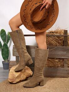 FVPFVP 灵感漆皮方头高筒靴，修身粗跟马靴，女式，秋冬，及膝靴 - 卡其色 - 查看 6