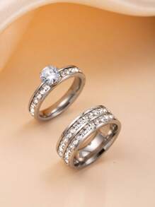2 Stücke/Set einfache 4MM Zirkonia Dekor Edelstahl Ring für Frauen