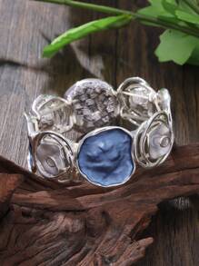 Cring Coco Elegant Vintage Rose Series Women's Zinc Alloy Elastic Bracelet - Bohemian Blue & White Rose Hollow Design, Versatile For Daily Wear, Suitable As Anniversary/Unique Gift