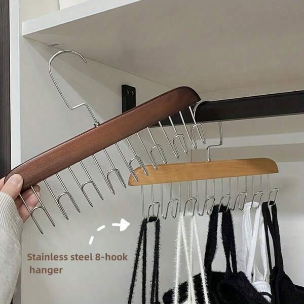 3/1pc Multifunctional Wooden Coat Hooks, Clothes Rack, Wardrobe Organizer With 8 Hooks, 360 Degree Rotation, Space Saving For Hanging Shirts, Underwear, Hats, Ties, Belts, Vests And Other Clothes. Damage-Free Clothes Drying Rack