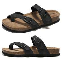 Sandals For Women Comfortable Cork Footbed Adjustable Buckle Summer Beach - 黑色 - 查看 6