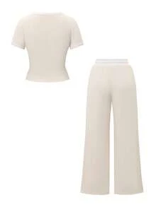 Bộ đồ dệt kim ôm dáng mùa hè dành cho nữ, trang phục thanh lịch phù hợp cho thể thao, tập thể dục, tiệc tùng, bao gồm áo tay ngắn ôm dáng và quần ống đứng. - Màu Khaki - Xem 5