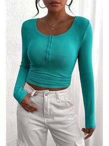 Women's 2026 Fall Long Sleeve Henley T Shirts Button Ribbed Knit Slim Fit Basic Tops Blouse Casual Outfits/Vacation Outfits Women/Valentine Outfits For Women - 孔雀石綠 - 查看 3