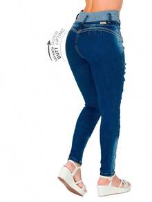 Women's High Waist Front-Breasted Ripped Beads Inlaid With Elastic Slim Butt Lifting Tight Sexy Jeans  Plain    Pocket  Button  Ripped - Rửa trung bình - Xem 4