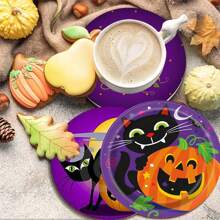 4 件万圣节杯垫，南瓜图案圆形杯垫，带橡胶底座，适用于饮料、咖啡、装饰、家庭、办公室、酒吧、节日或派对