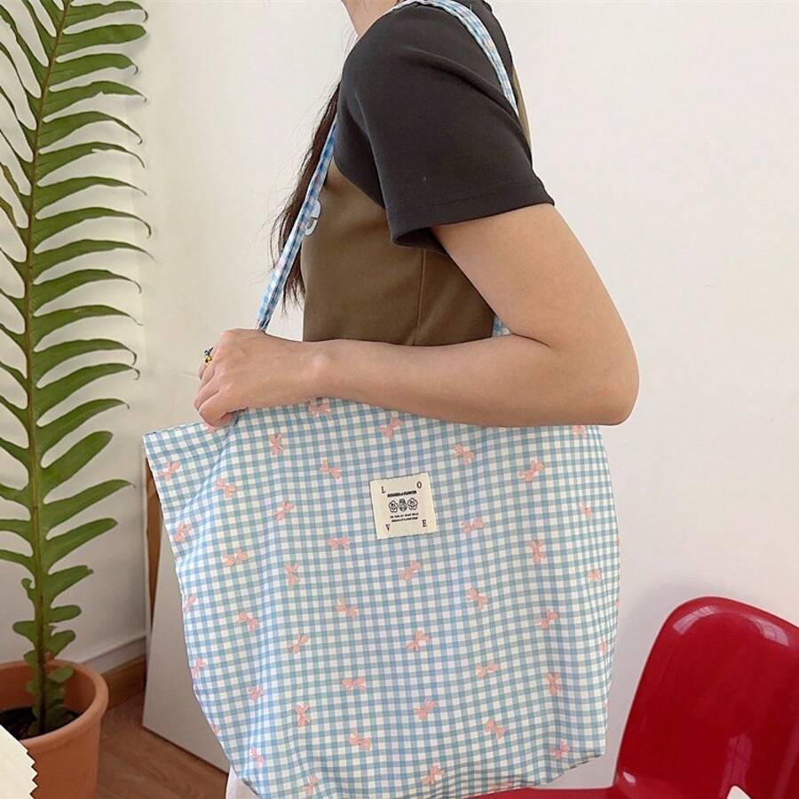 Shoulder Bags - Etiqueta tejida de un solo hombro con cuadros azules - Ver 1