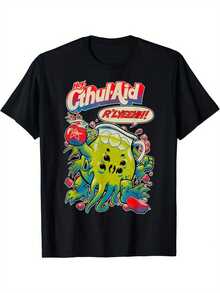 Camiseta gráfica para hombres "Cthulhu Aid" - 100% algodón, ajuste casual, manga corta, cuello redondo - diseño vibrante de Cthulhu estilo anime con letras en negrita, tela no elástica - perfecta para todas las estaciones - Negro - Ver 8