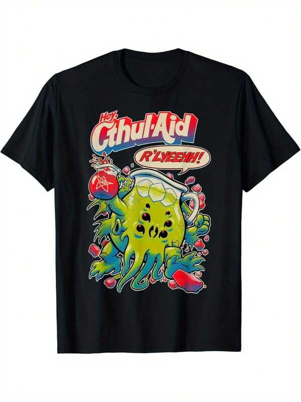 Men's "Cthulhu Aid" Graphic T-Shirt - 100% Cotton, Casual Fit, Short Sleeve, Round Neck - Vibrant Anime-Style Cthulhu Design With Bold Lettering, Non-Stretch Fabric - Perfect For All Seasons