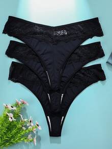 3 pièces/set Culottes grande taille femme en dentelle et patchwork, tissu confortable et respirant - Noir - Voir 2