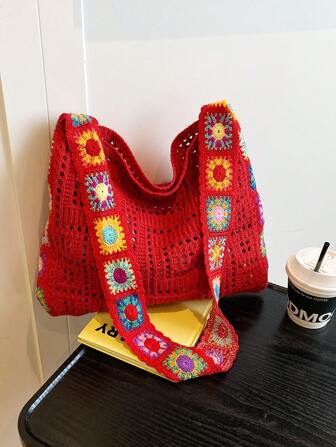 Dedoo 复古镂空碎花撞色休闲斜挎包（花朵颜色位置随机）（肩带颜色/图案随机）