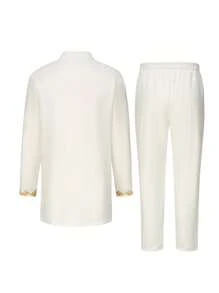 男士传统服饰，非洲男士两件套长袖复古刺绣奢华西装，男士休闲度假装 - 白色 - 查看 4