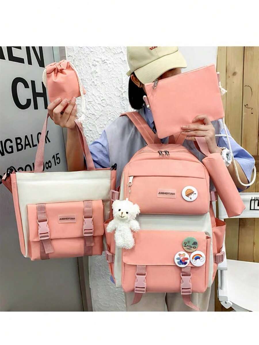 Baila Morena Kit Of 4 Bags Label Buckle Multi-Pocket School Backpack Tote Shoulder Bag Crossbody Bag Multifunctional Shredded Pencil Case Adjustable Strap Pendant Brooch Keychain Teddy Bear - 粉色 - 查看 1
