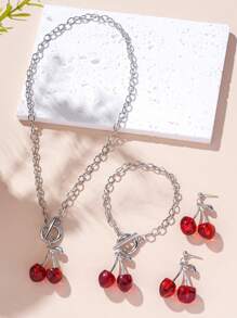 4pcs Vintage Acrylic Black & Red Cherry Pendant Jewelry Set, Including Necklace, Earrings, Suitable For Daily Wear, Holidays, Gifts - Unisex Minimalist Jewelry