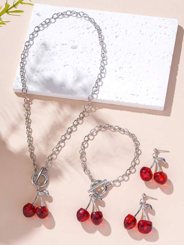 4pcs Vintage Acrylic Black & Red Cherry Pendant Jewelry Set, Including Necklace, Earrings, Suitable For Daily Wear, Holidays, Gifts - Unisex Minimalist Jewelry