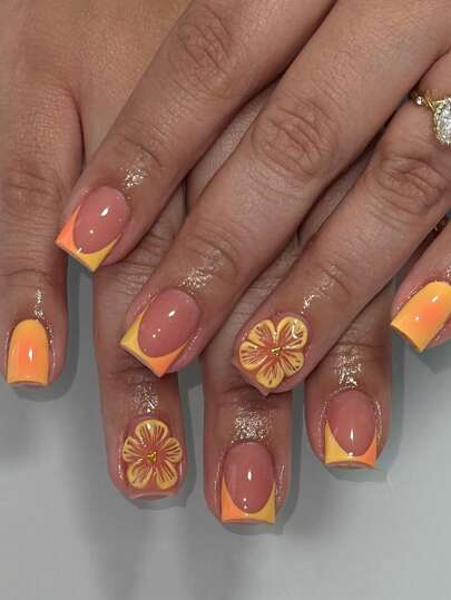 24Pcs Short Square Nail Stickers, Orange Gradient, French, Simple And Sweet, Diamond-Patterned Flower Nail Set (With: A Piece Of Jelly Tape, 1 File Strip), Suitable For Women'S Daily Dates And Parties Press On Nails Nail Supplies Nails