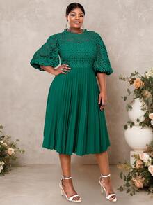 Lace Pleated Dresses Half Lantern Sleeves Hollow Out Elegant Midi Wedding Guest,Graduation Outfit - 墨綠色 - 查看 4