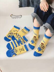 Minions 5 Pairs Of Minions Children's Mid Length Socks, Solid Color, Simple And Fashionable, Personalized And Fashionable, Skin Friendly And Breathable, Soft And Comfortable, Classic And Versatile. Suitable For Daily Life, Back To School, Back To School Season, Campus, Sports, Holiday Gifts