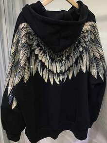 Regular Fit Hoodie For Women Rhinestone Both Wing Hooded Sweatshirt Women Couple Long Sleeve Black High Street Luxury Hoodies - 黑色 - 查看 5