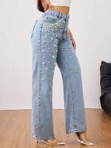 Women's Fashionable Non Elastic Loose Denim Pants - Handmade Bead Decoration Straight Leg Jeans, Comfortable Multifunctional Pants - 淺色水洗藍 - 查看 4