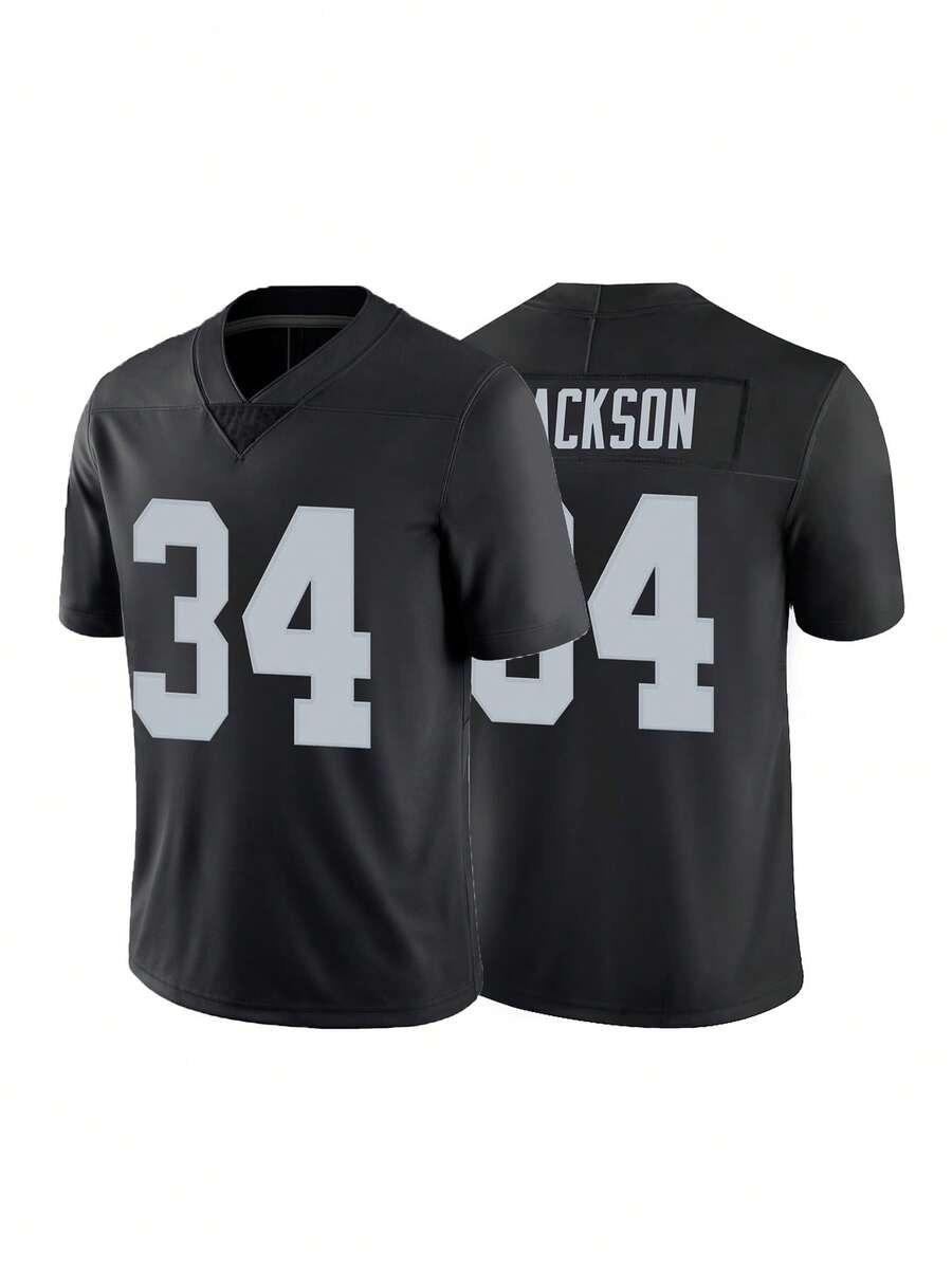 Men's Football Jersey 34 Black  Embroidered Sports T-Shirt, Fitness Training Casual Short-Sleeved Shirt - 黑色 - 查看 1