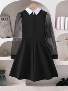 1pc Elegant Teenage Girls' Long Sleeve Polo Collar Color Block Mesh Puff Sleeve A-Line Dress, Black & White Contrast French Style Slim - Black - View 2