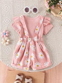 Uniform 2pcs Baby Girls' Cute Short Sleeve Ruffle Bodysuit And Flower Print Overalls Set, Summer, Warm Pink Set Suitable For Daily Summer Fun - Pink - View 2
