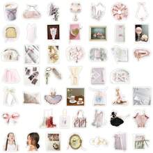 50pcs Kawaii Ballet Style Pink & White Decorative Stickers, Minimalist Korean Style, Suitable As Calendar, Mirror, Scrapbooking Stickers, School Supplies,Back To School