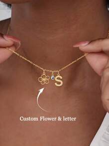 Customized Birthday Flower Letter Necklace, Stainless Steel Jewelry, Personalized Letter Birthday Flower/Birthday Stone Necklace, Women's Jewelry Necklace, Beach Vacation Gift, Wedding, Party Gift